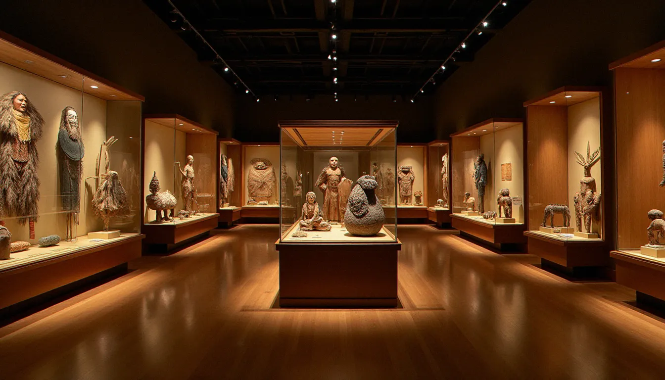 Exposition d'objets cérémoniels amérindiens dans un musée d'anthropologie, illustrant l'héritage spirituel des peuples autochtones et leur vision sacrée du féminin mature