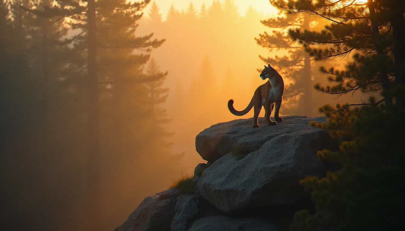 Cougar majestueux dans son habitat naturel forestier à l'aube, symbole amérindien de liberté, de maîtrise et de puissance féminine dans la culture de la séduction moderne