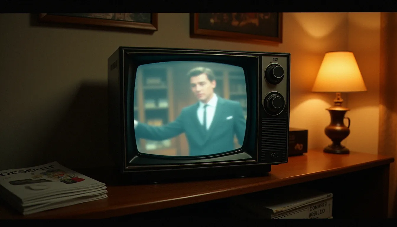 Télévision vintage diffusant une série américaine, illustrant l'influence des médias américains sur la culture cougar en France
