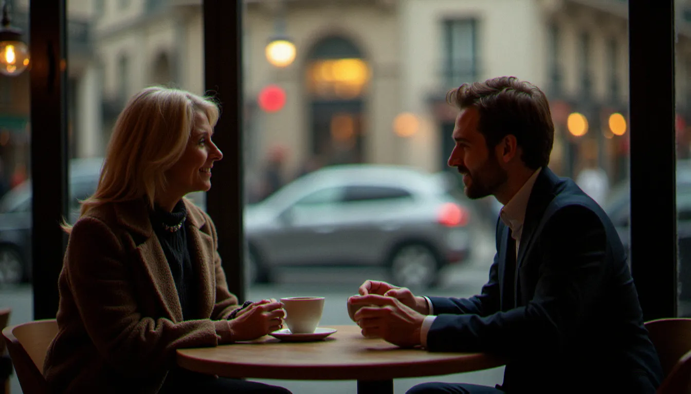 Couple avec écart d'âge en conversation animée dans un café parisien contemporain, illustrant les rencontres cougar inspirées du modèle américain