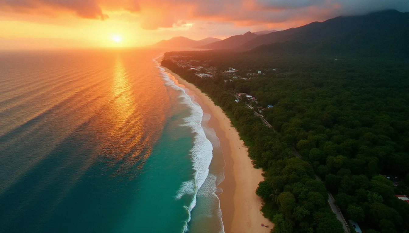 Vue aérienne d'une côte pacifique d'Amérique centrale avec jungle tropicale et plage dorée au coucher du soleil