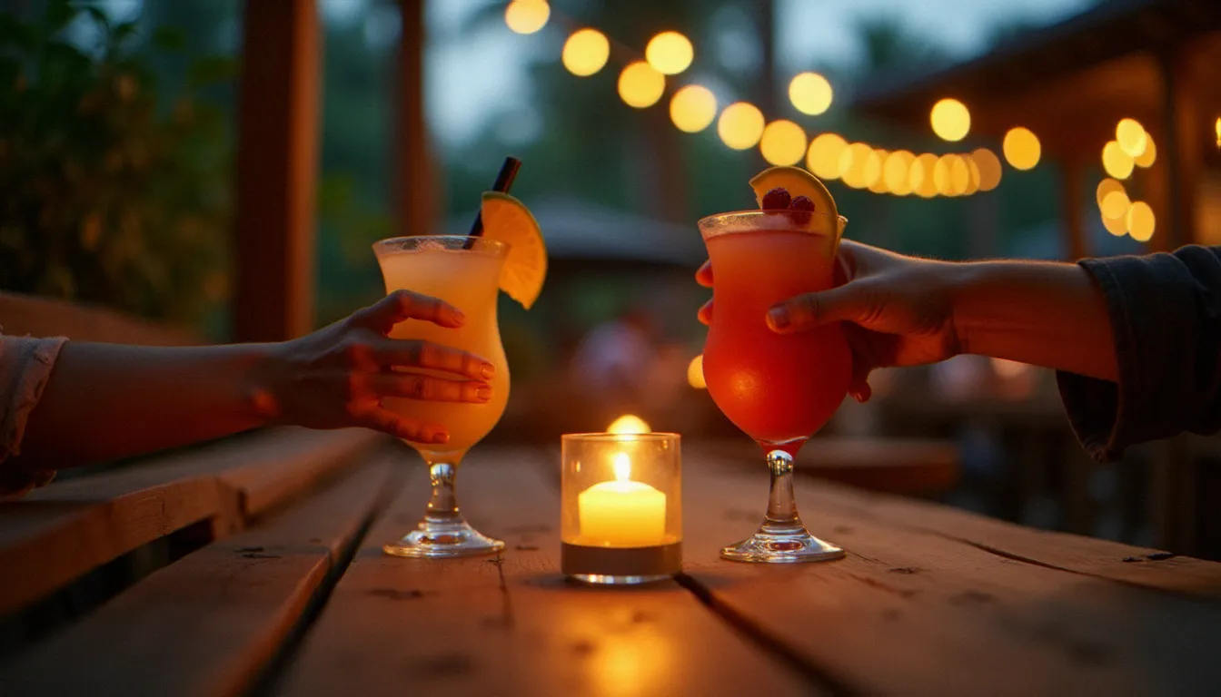Deux mains qui se rejoignent sur une table en bois dans un restaurant tropical d'Amérique centrale, ambiance intime à la bougie