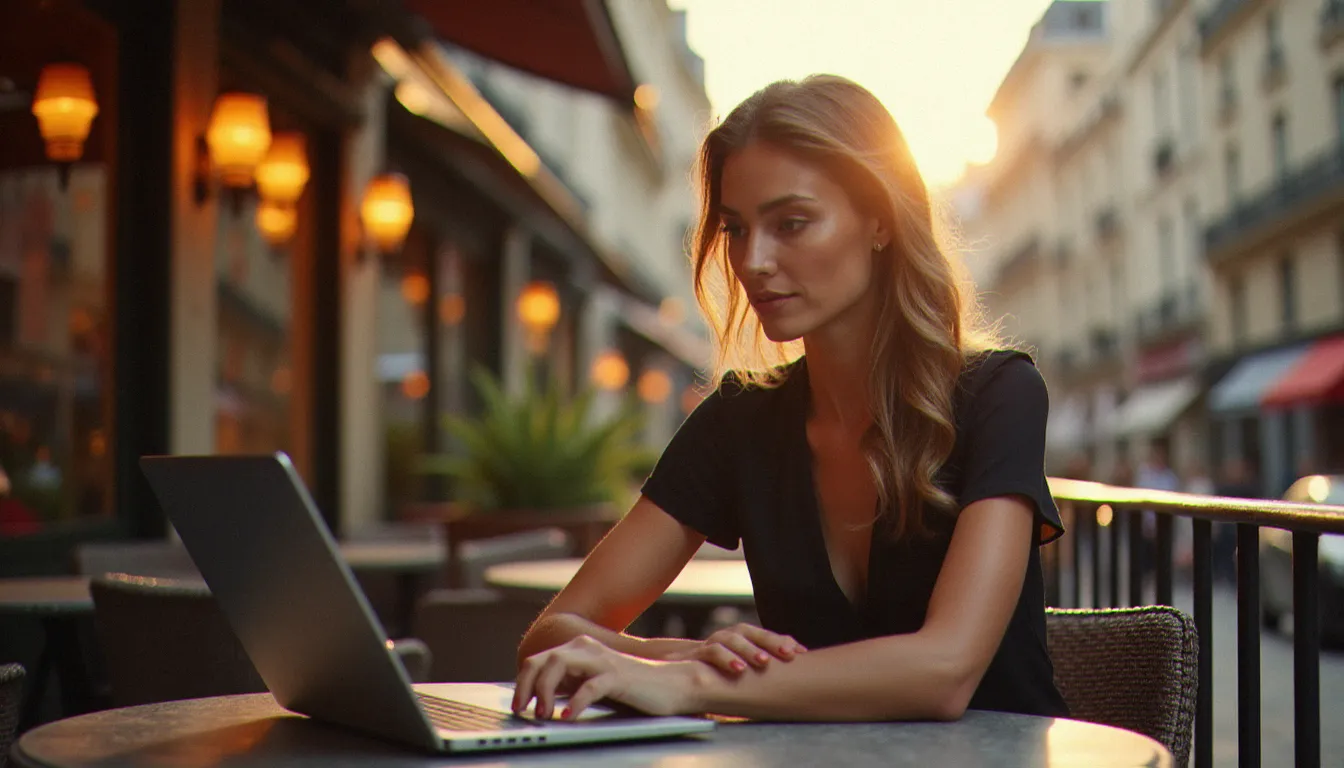 Femme mûre élégante dans un café parisien consultant un site de rencontres, évoquant la culture cougar inspirée de l'Amérique