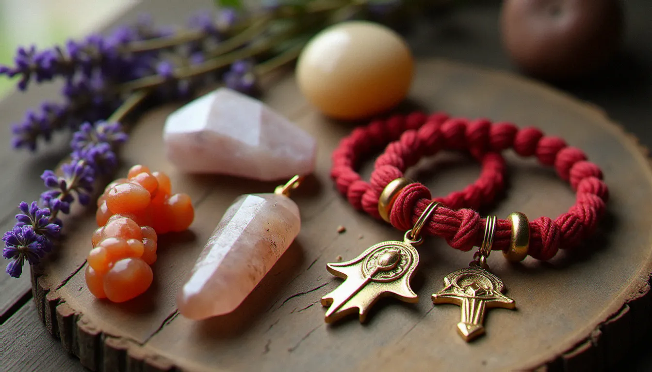 Collection d'amulettes de séduction diverses — quartz rose, main de Fatma dorée, bracelet rouge, scarabée et pierre de cornaline — disposées sur du bois ancien avec de la lavande séchée