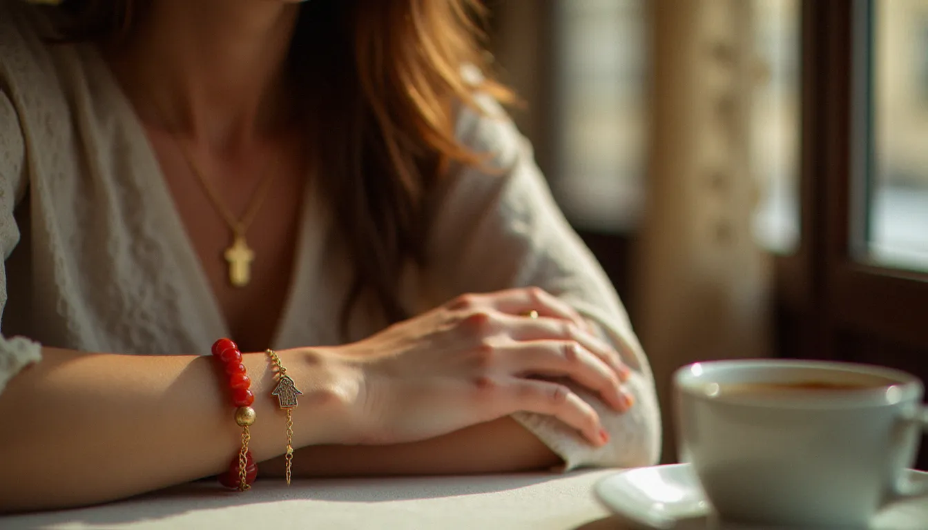 Main élégante d'une femme portant une amulette en cornaline rouge et un pendentif main de Fatma en or, posée sur une table de café parisien en lumière dorée