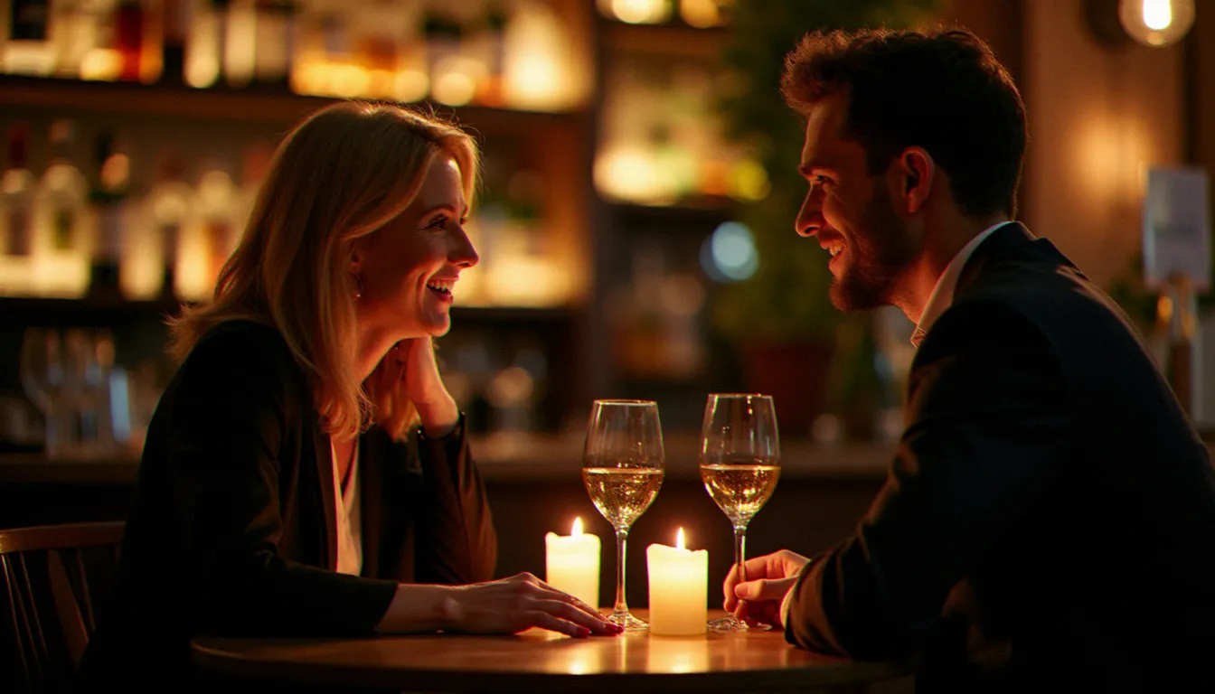Scène de rencontre cougar dans un bar parisien, illustrant la dynamique de séduction et de conversation entre une femme mûre et un homme plus jeune