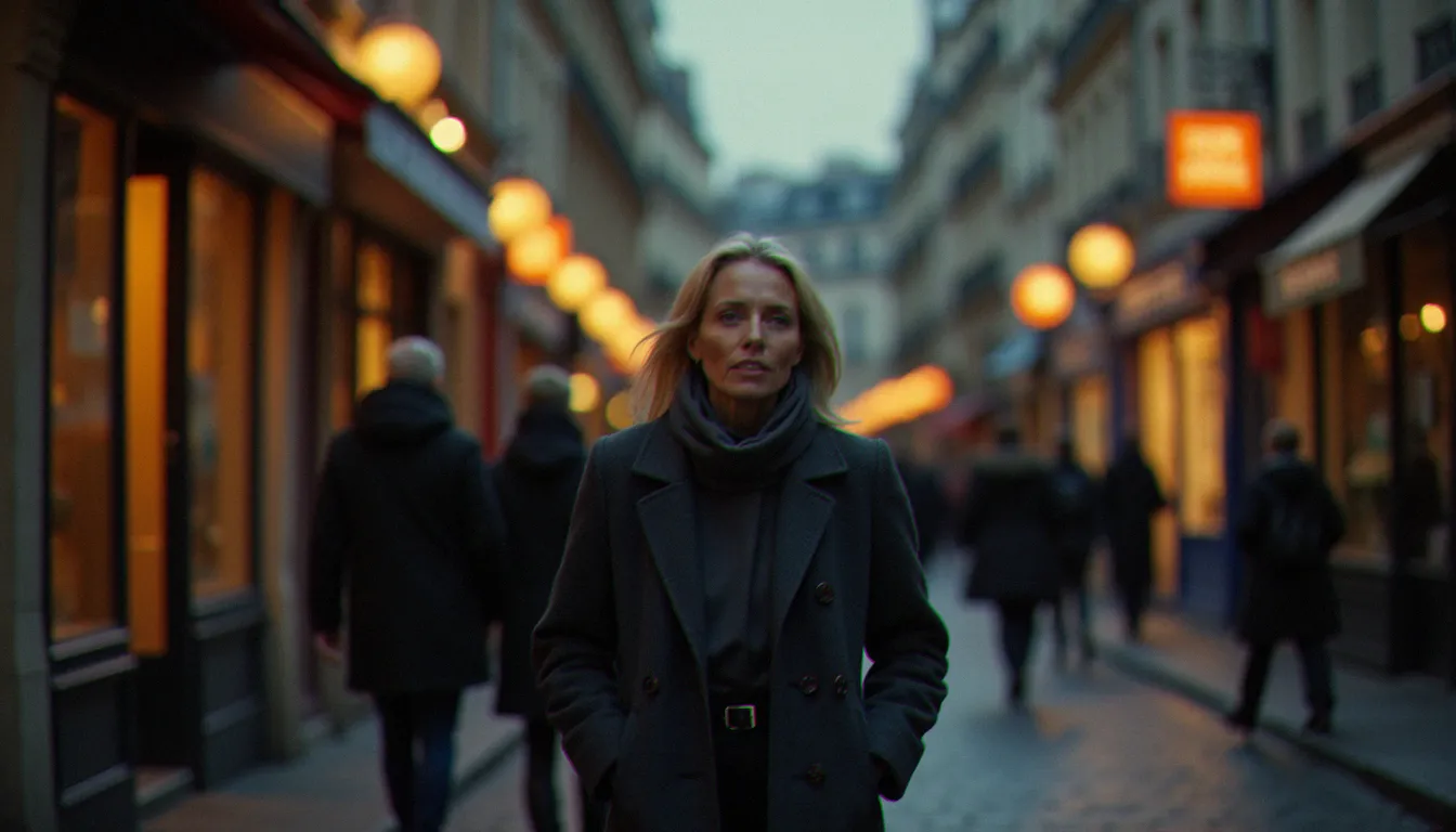 Femme mûre parisienne se promenant avec assurance dans le Marais au crépuscule, incarnant l'élégance et la puissance séductrice à la française