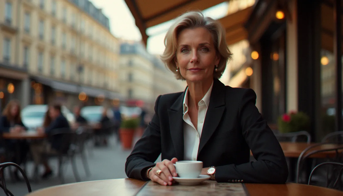 Femme mûre élégante assise en terrasse d'un café parisien, incarnant la confiance et la séduction anaconda au naturel