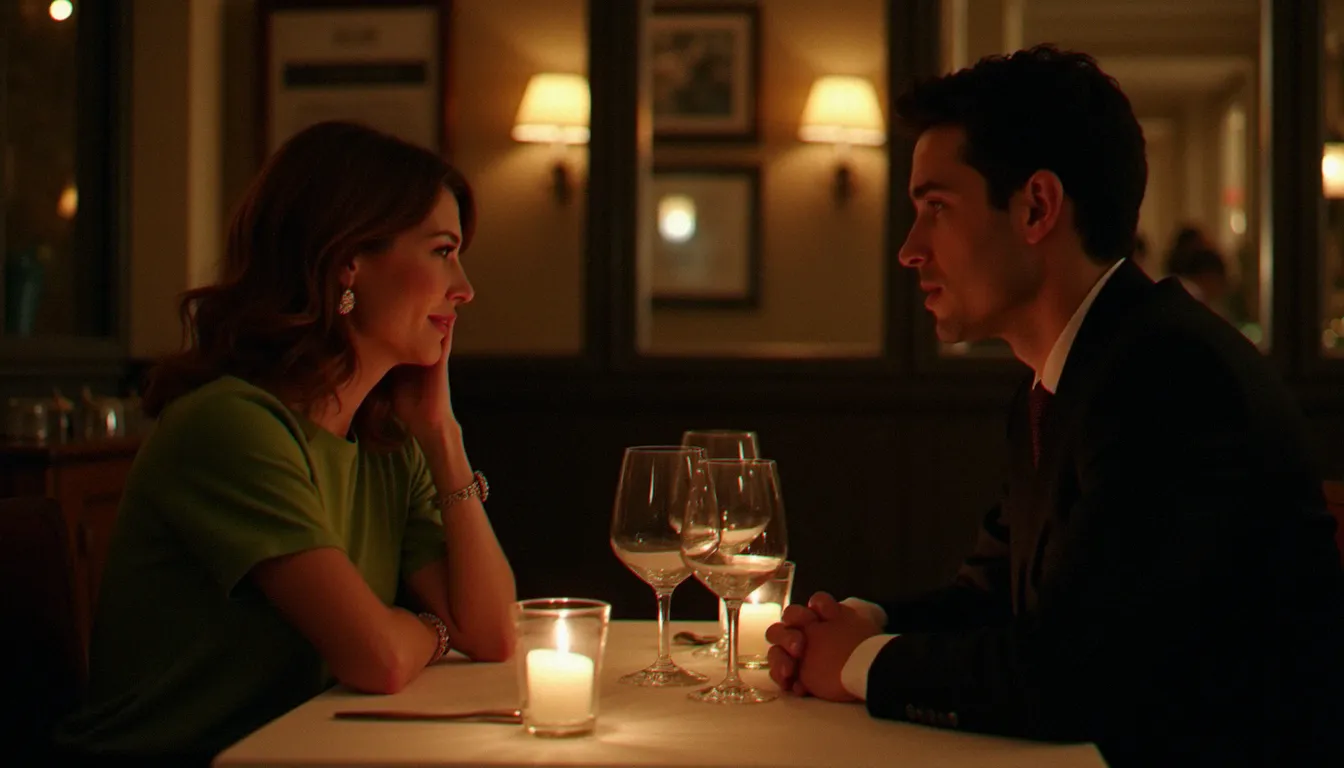 Un homme jeune et une femme mûre en conversation authentique dans une brasserie française élégante, illustrant la dynamique des rencontres anasazis fondées sur la connexion sincère