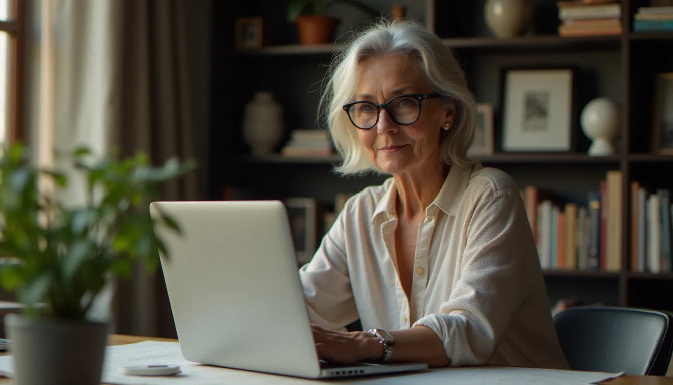 Une femme mûre française élégante et épanouie dans son bureau à domicile entouré de livres, illustrant la démarche réfléchie et autonome des anasazis dans leur vie numérique