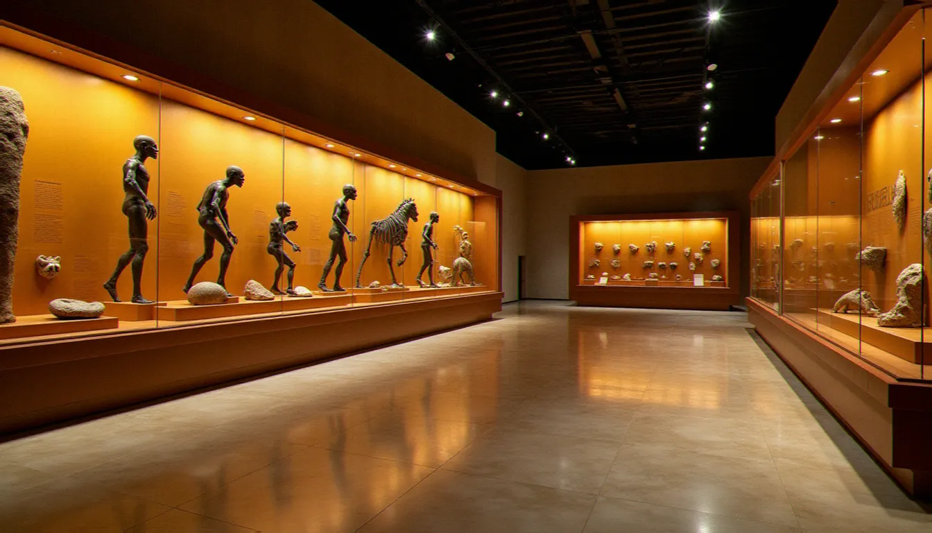 Exposition d'anthropologie sur l'évolution humaine dans un musée, évoquant l'ancêtre commun de l'espèce humaine et ses comportements relationnels ancestraux