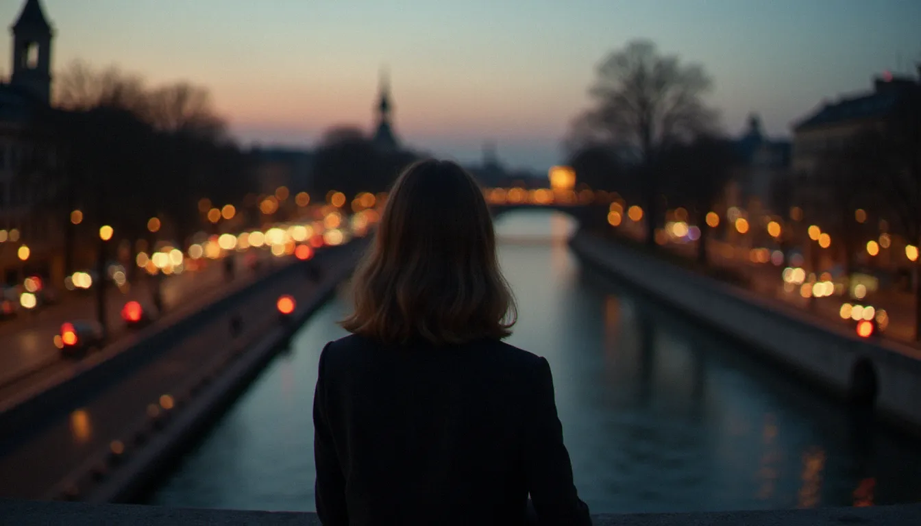 Silhouette élégante d'une femme mûre sur un pont parisien au crépuscule, symbolisant la confiance en soi et la sérénité des femmes qui assument pleinement leurs attirances