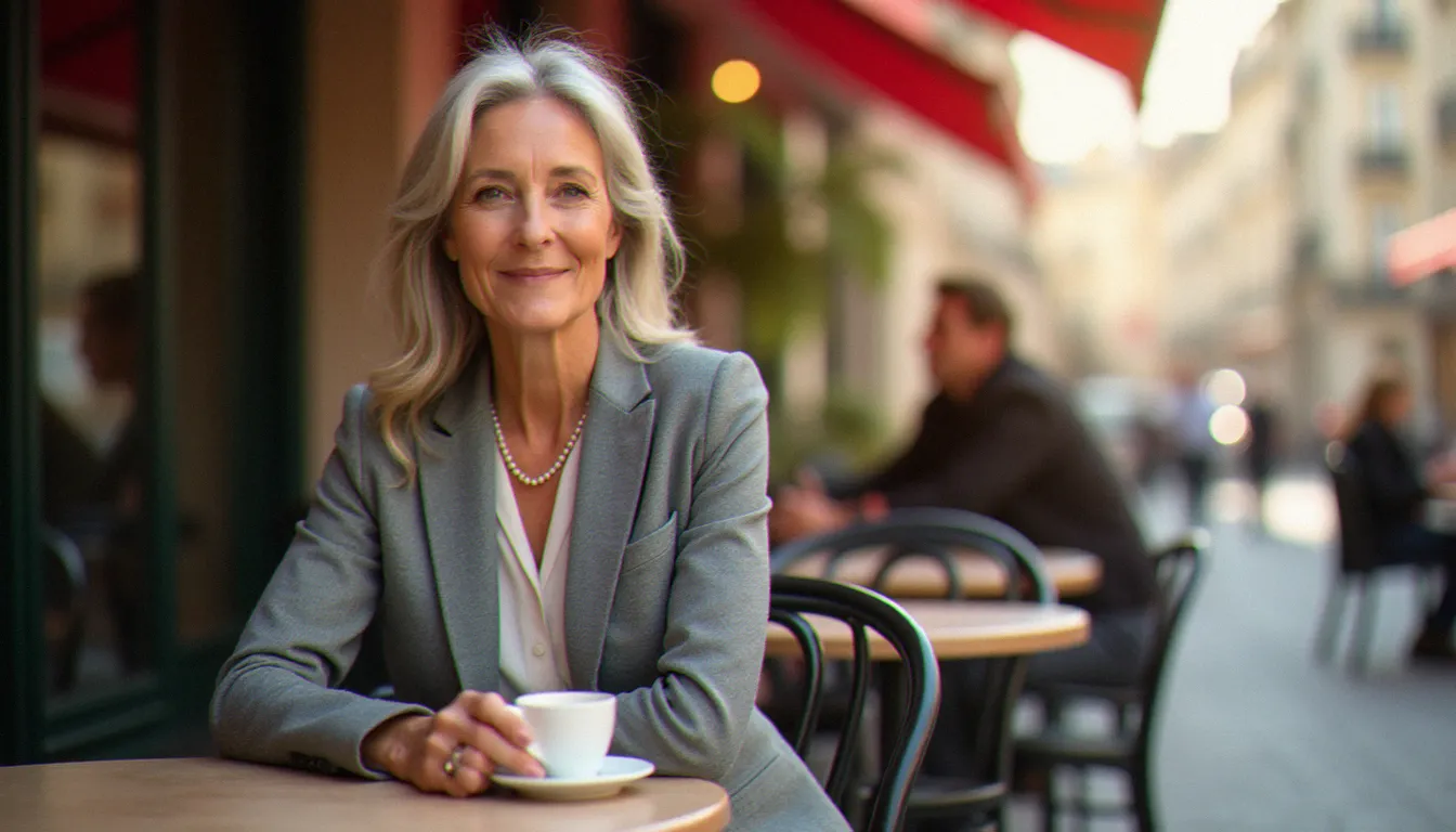 Femme mûre élégante et confiante dans un café parisien, illustrant le concept d'ancêtre commun appliqué à la séduction et aux rencontres cougar