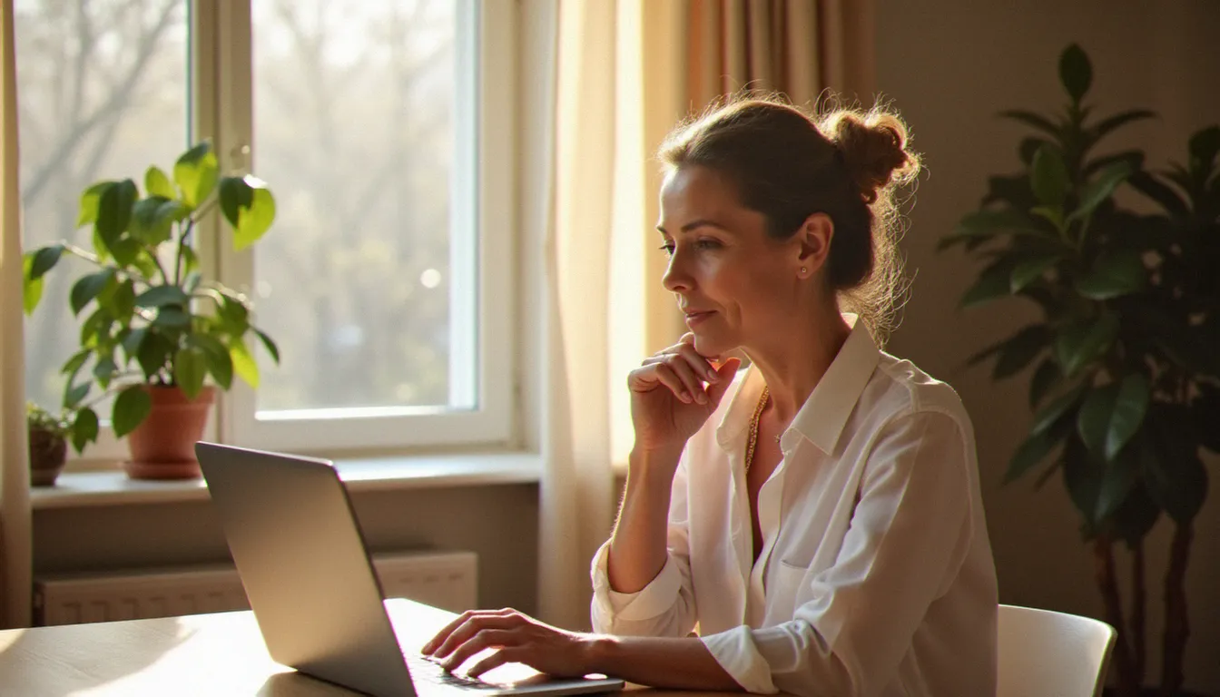 Femme d'une quarantaine d'années consultant son ordinateur portable chez elle à Paris, symbolisant les nouvelles façons de rencontrer hors des normes de l'ancien monde
