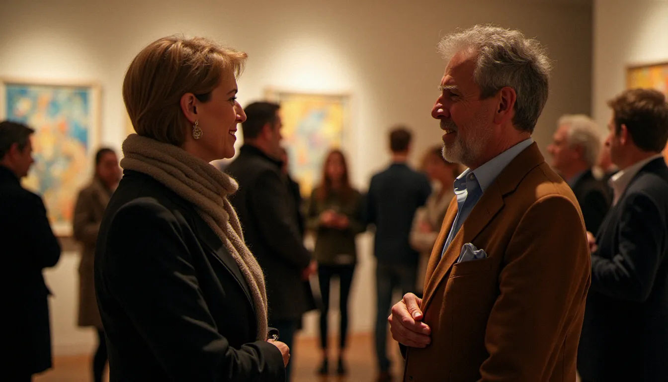 Un homme jeune et une femme mûre en conversation naturelle lors d'un vernissage parisien, illustrant des rencontres authentiques libérées des contraintes de l'ancien monde