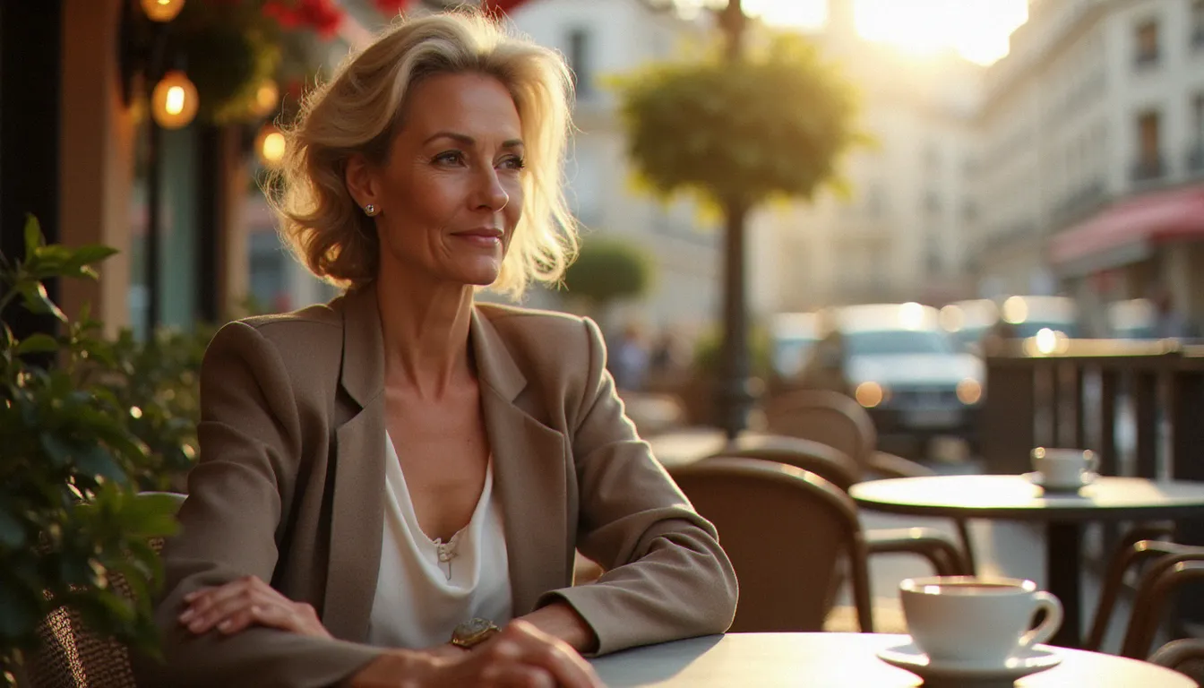 Femme mûre élégante attablée à la terrasse d'un café parisien, incarnant la liberté et la confiance en soi loin des codes de l'ancien monde