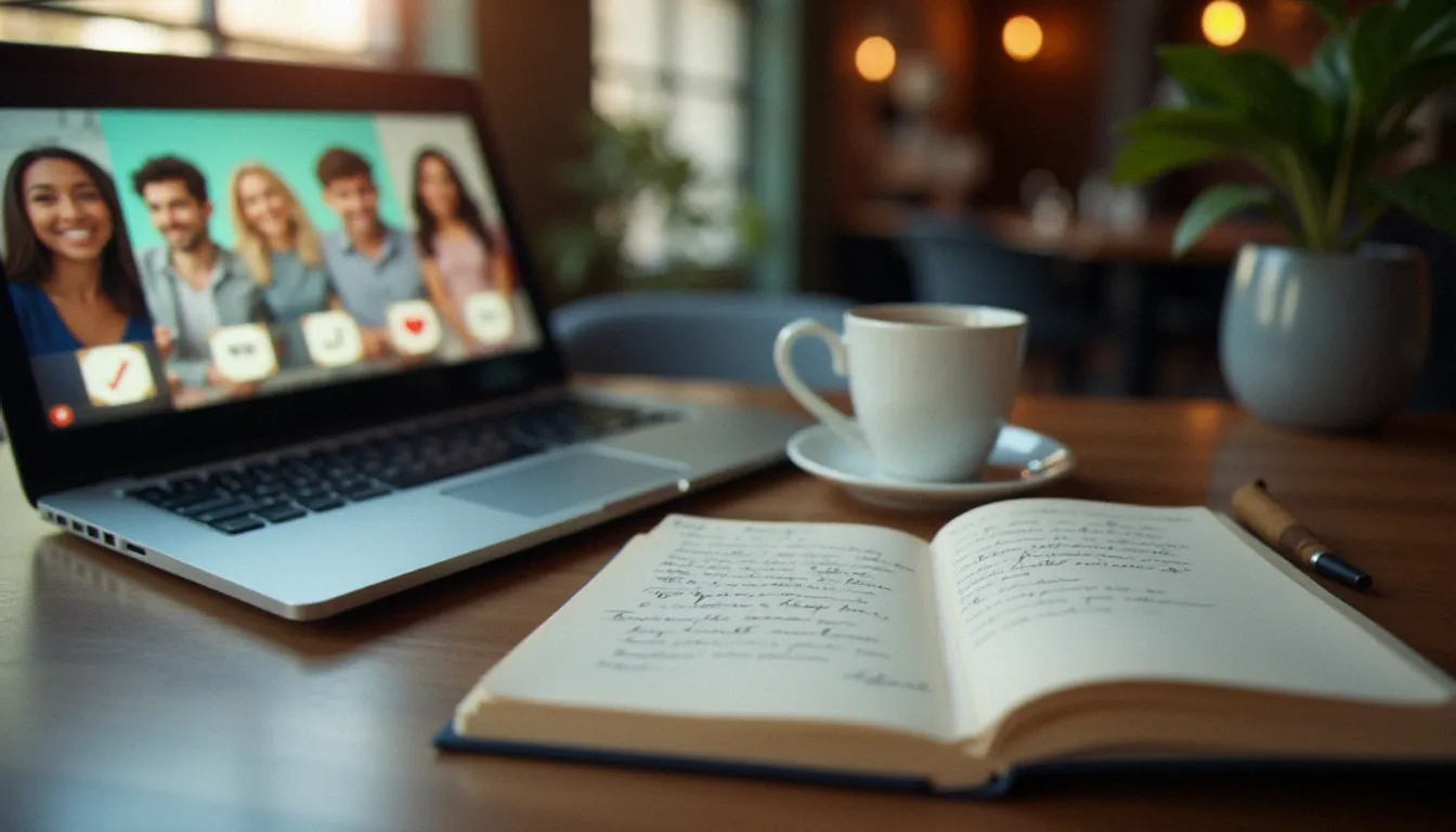 Écran d'ordinateur affichant des profils de rencontres rédigés en anglais sur une application internationale, accompagné de notes bilingues manuscrites