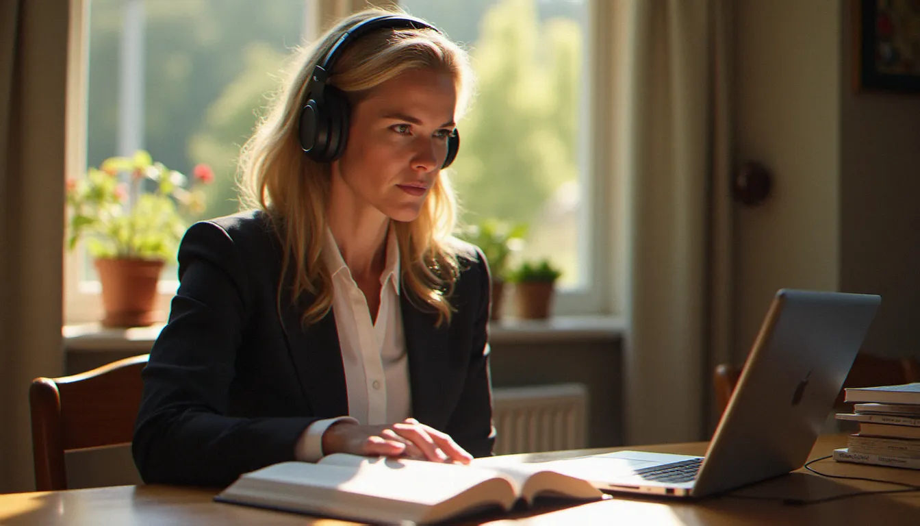 Femme mûre élégante apprenant l'anglais à son bureau avec des livres bilingues et des écouteurs pour maîtriser le vocabulaire de la séduction internationale