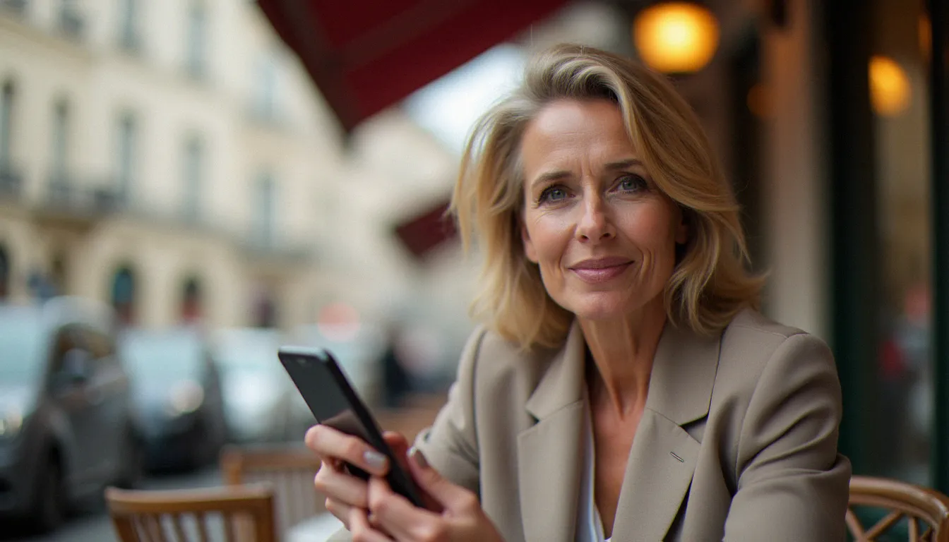 Femme mûre élégante à Paris consultant en anglais une application de rencontres sur son smartphone depuis la terrasse d'un café parisien
