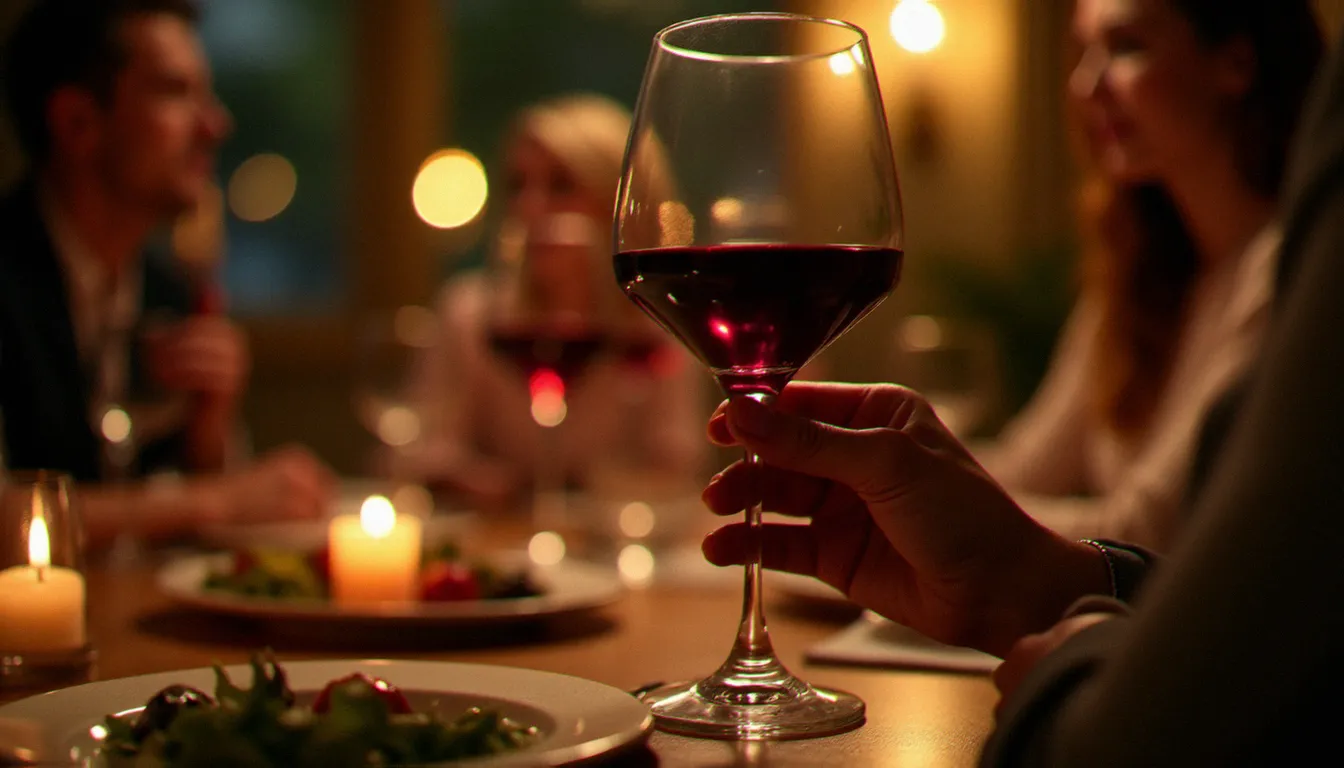 Détail de mains féminines tenant un verre de vin rouge lors d'un dîner intime, symbolisant la confiance et le plaisir assumé des femmes mûres