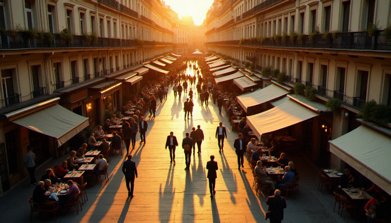 Vue aérienne d'une place animée dans une ville française au coucher du soleil, illustrant les lieux de rencontres cougar dans les différentes régions de France