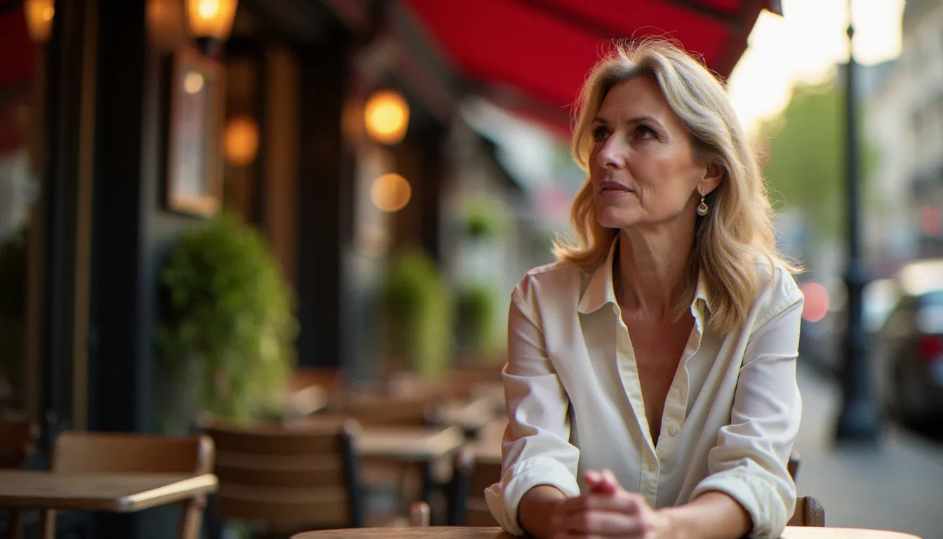 Femme mûre élégante assise en terrasse à Paris, incarnant l'instinct animal de la séduction par sa posture assurée et son regard confiant