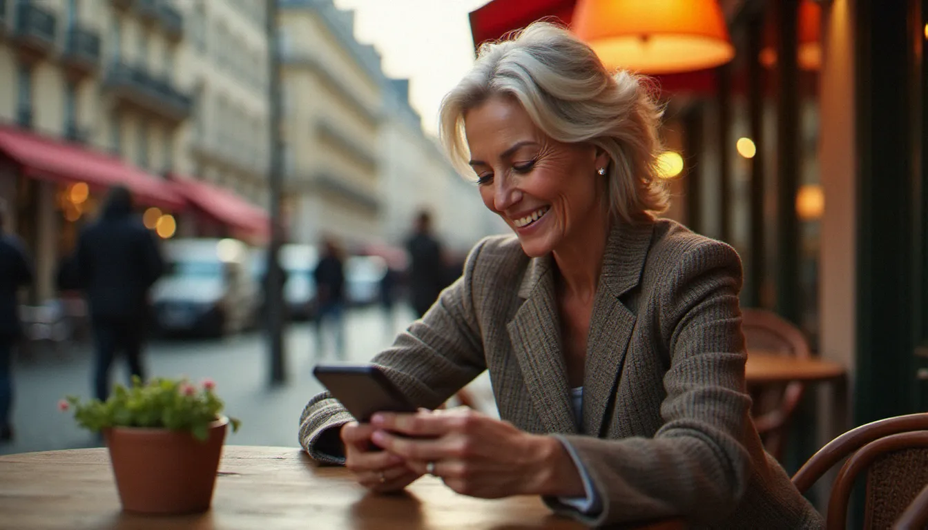 Femme mature et élégante dans un café parisien consultant une annonce cougar sur son smartphone avec un sourire confiant