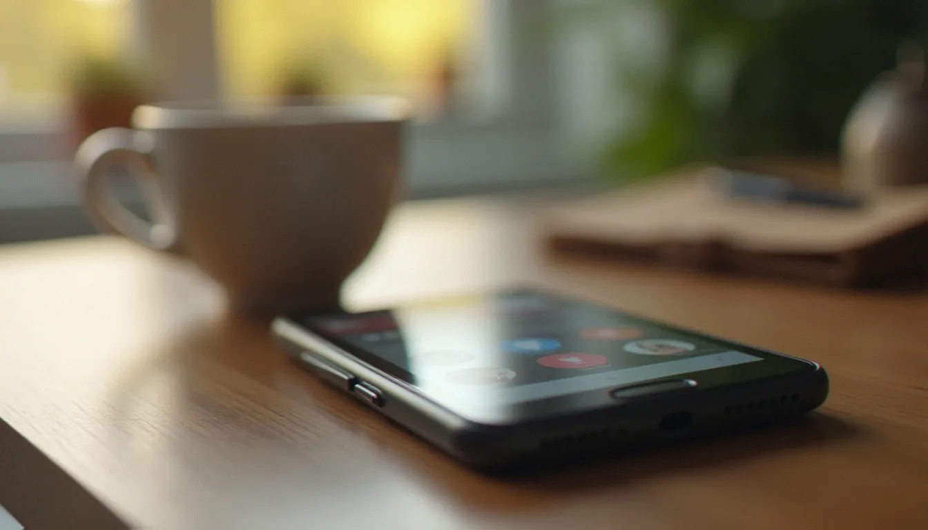 Interface d'une application de rencontre cougar sur smartphone posé sur un bureau en bois