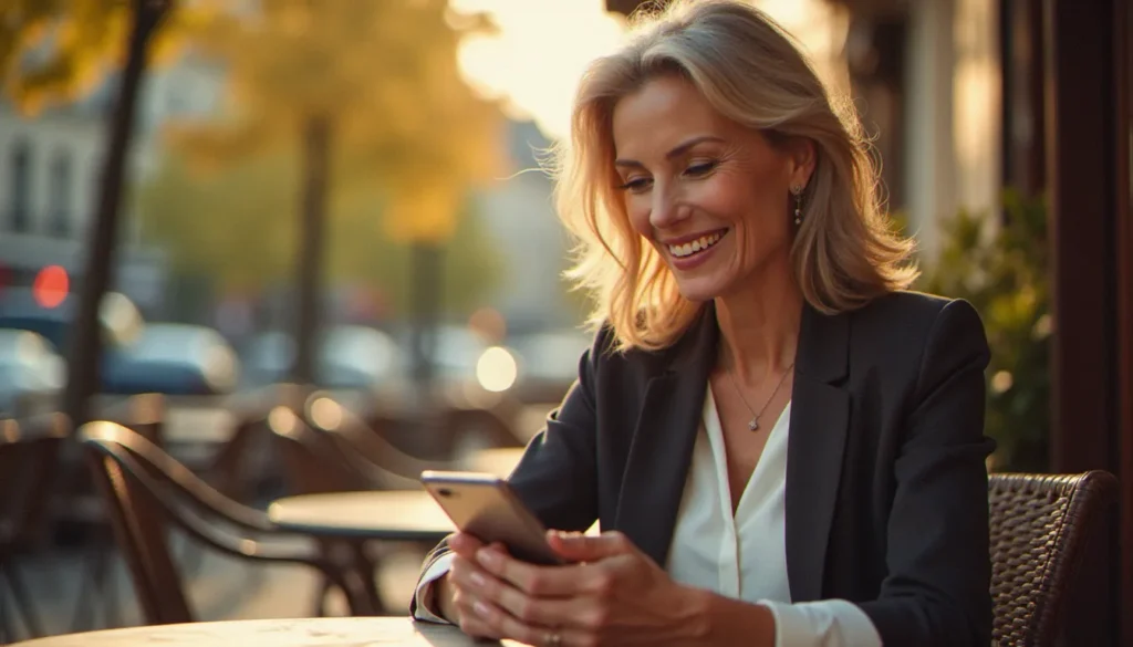 Femme mûre élégante consultant une api a : de rencontre cougar sur son smartphone dans un café parisien