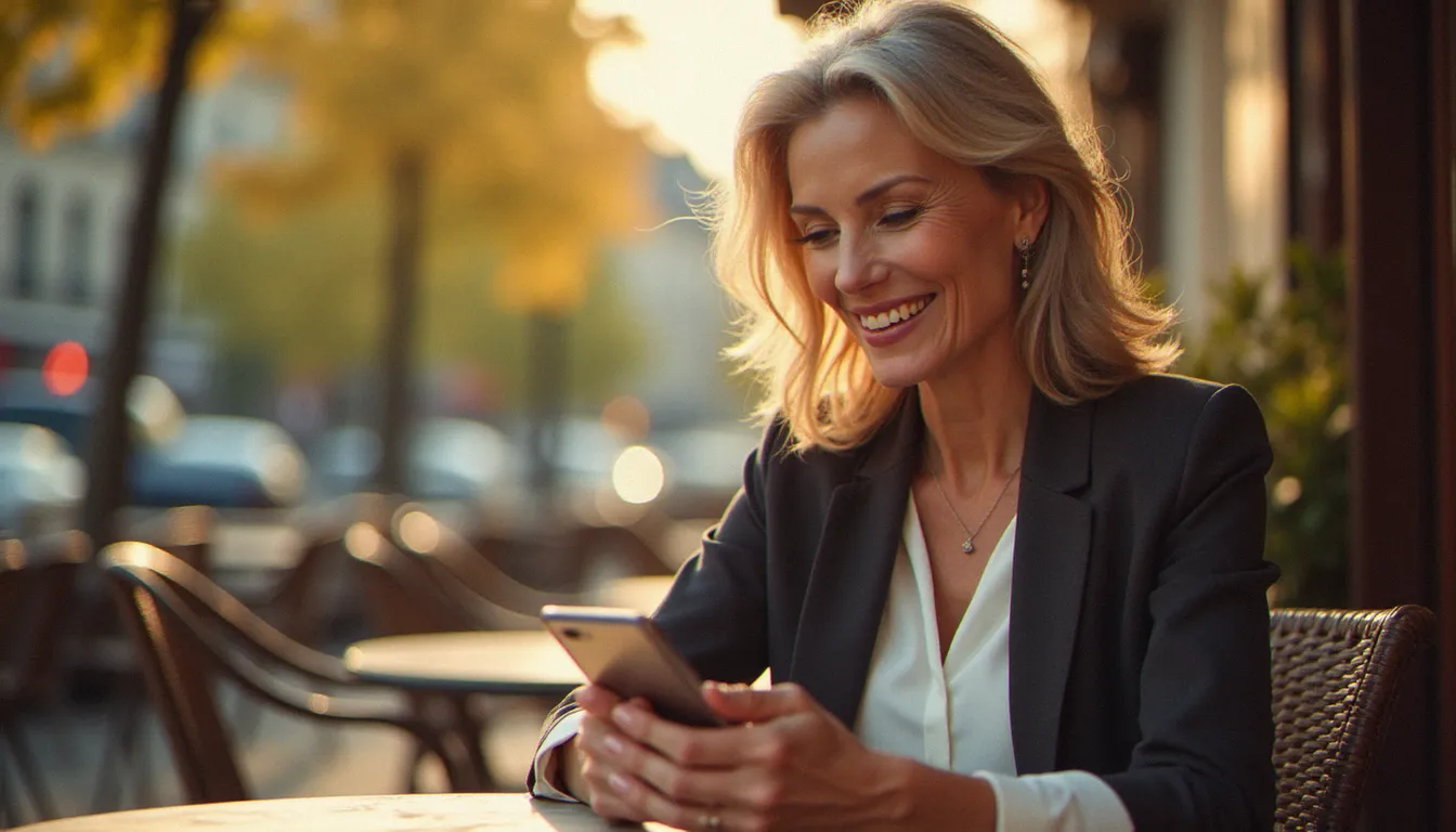 Femme mûre élégante consultant une api a : de rencontre cougar sur son smartphone dans un café parisien