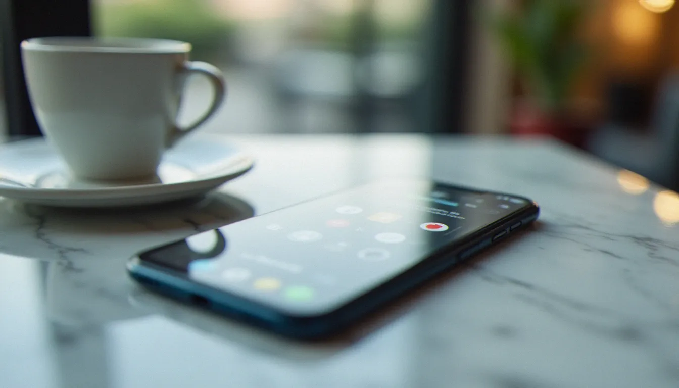 Smartphone affichant une application de rencontres sécurisée avec protocole api ʀ posé sur une table en marbre dans un café parisien