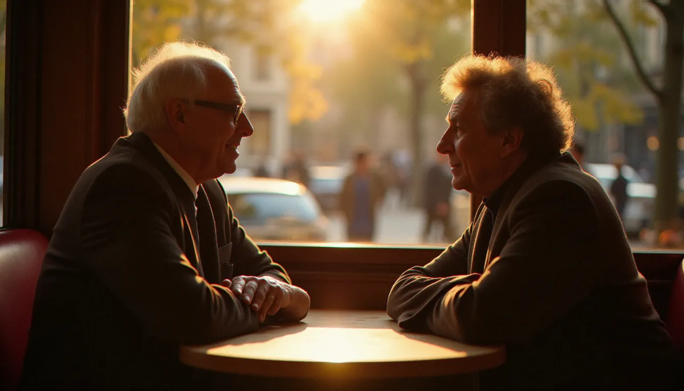 Rencontre authentique entre une femme mûre et un homme plus jeune dans un café parisien, illustrant les connexions intergénérationnelles facilitées par les plateformes avec api ʀ