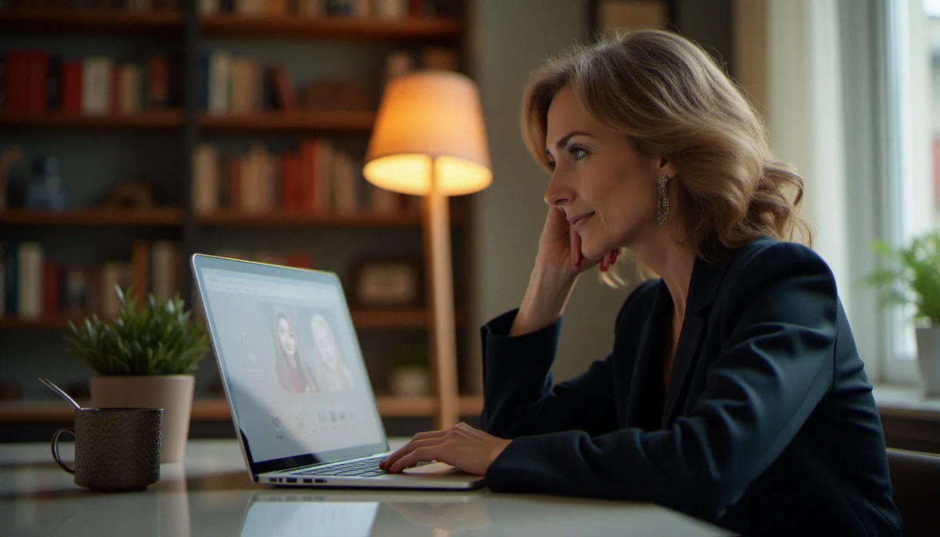 Femme mûre élégante consultant une plateforme de rencontres utilisant l'api ʀ sur son ordinateur dans un appartement parisien lumineux