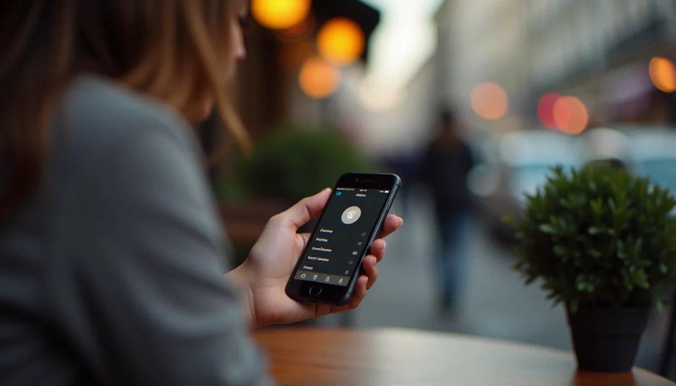 Femme consultant les paramètres de confidentialité d'une application de rencontres liée à une api k dans un café parisien