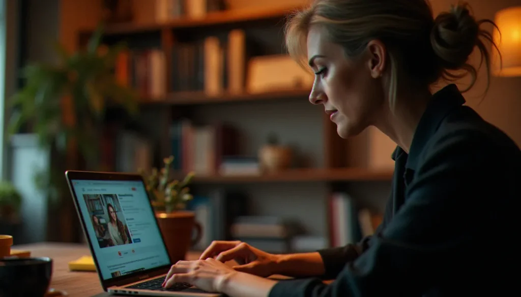 Femme mûre élégante consultant une application de rencontres intégrant une api k sur son ordinateur portable dans un appartement parisien