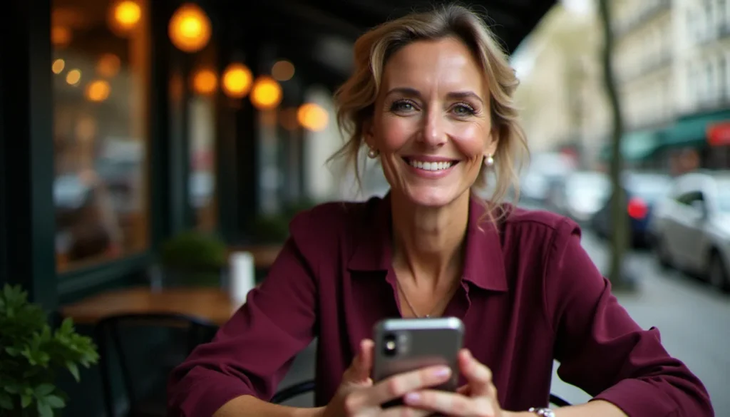 Femme mûre élégante et confiante utilisant une API M de rencontres sur son smartphone dans un café parisien