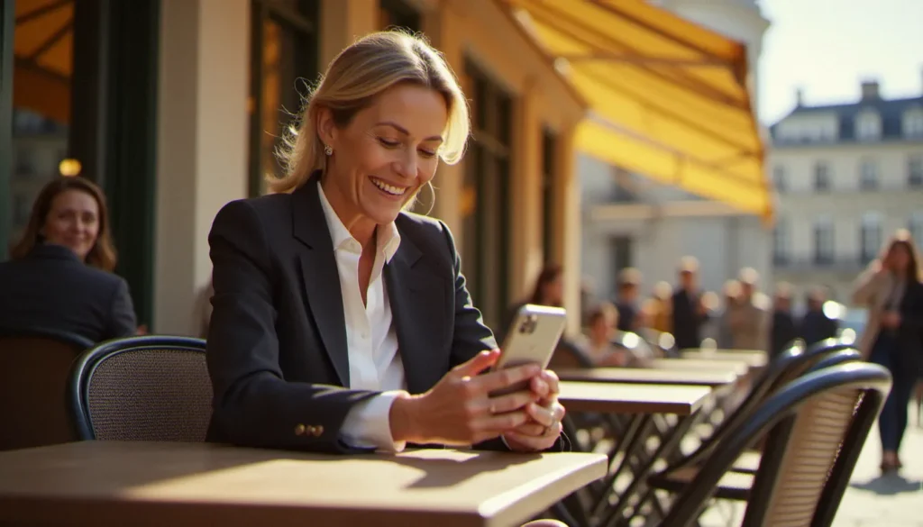 Femme mûre élégante et épanouie utilisant l'api y sur son smartphone dans un café parisien baigné de lumière dorée