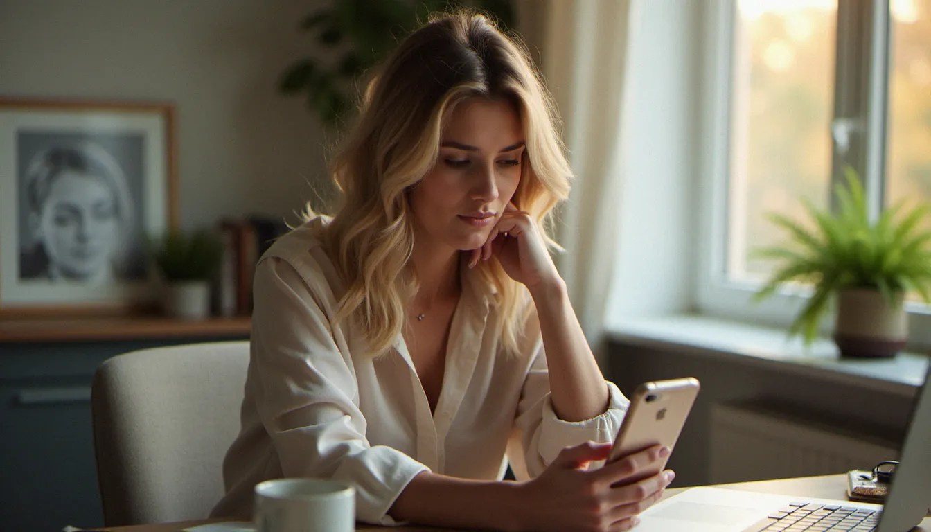 Femme mature consultant une application de rencontre sur son téléphone, illustrant les nouvelles façons de rencontrer pour une cougar femme connectée