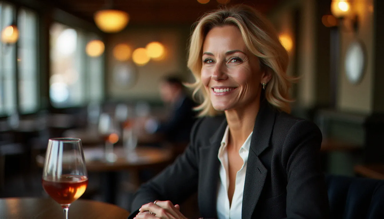 Femme mûre élégante et confiante dans un café parisien, incarnant la figure de la cougar femme moderne et accomplie