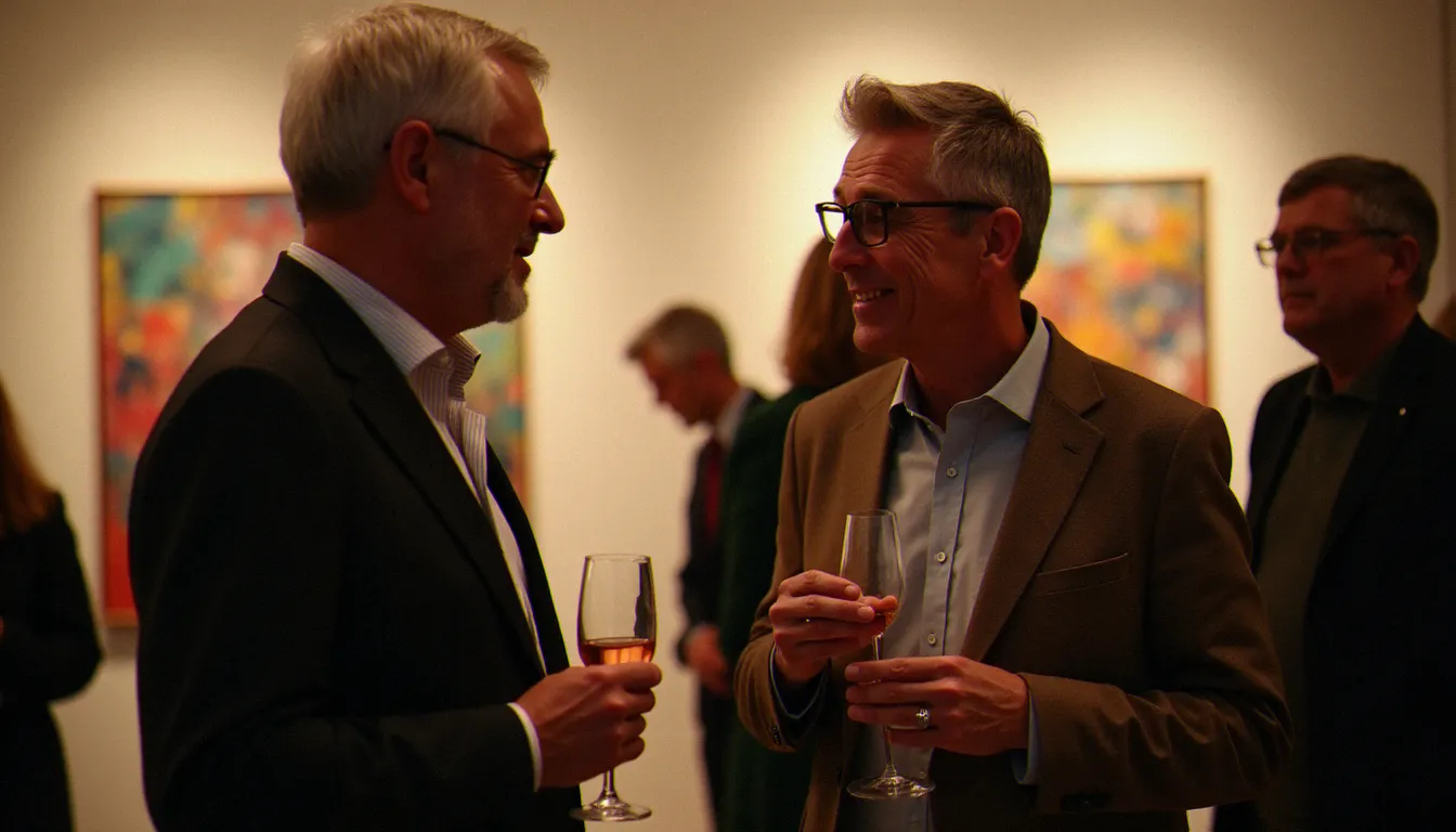 Homme jeune et femme mûre en conversation animée lors d'un vernissage, illustrant la dynamique intellectuelle des rencontres cougar en France