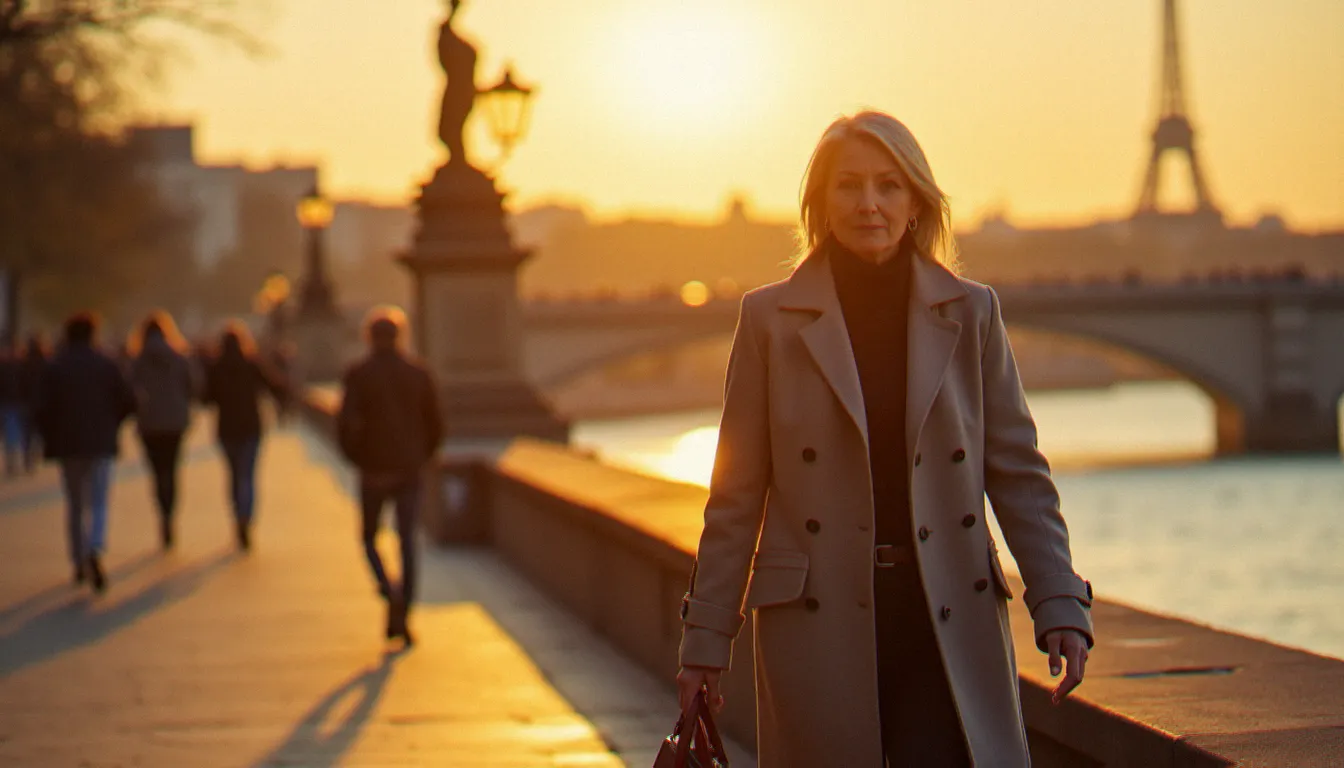 Femme mûre indépendante marchant au bord de la Seine à Paris au coucher du soleil, symbole de la liberté et de l'assurance des femmes cougar en France