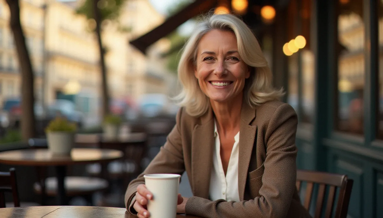Femme mûre élégante assise en terrasse de café parisien, incarnant le style cougar france contemporain avec assurance et raffinement
