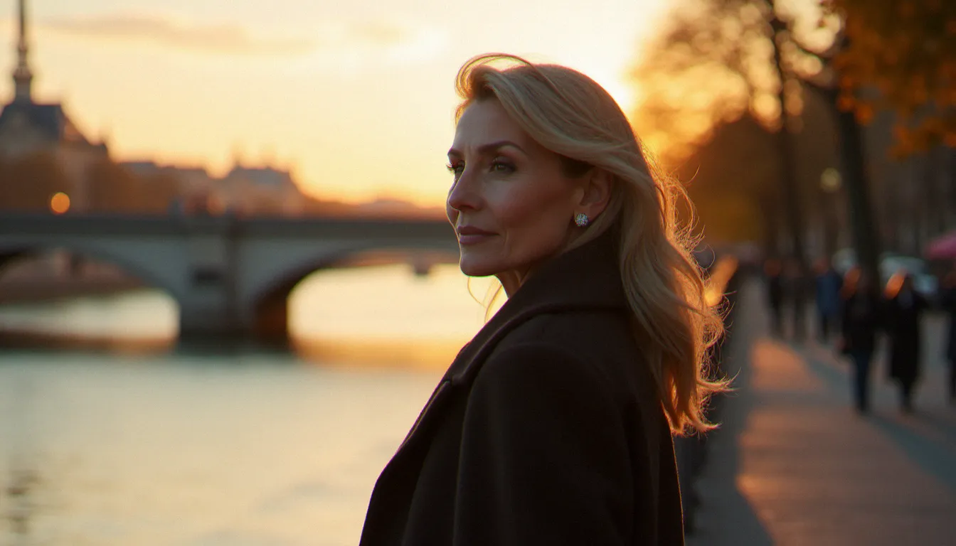 Femme mûre sûre d'elle au bord de la Seine à Paris au coucher du soleil, symbole de la confiance en soi propre aux femmes cougar