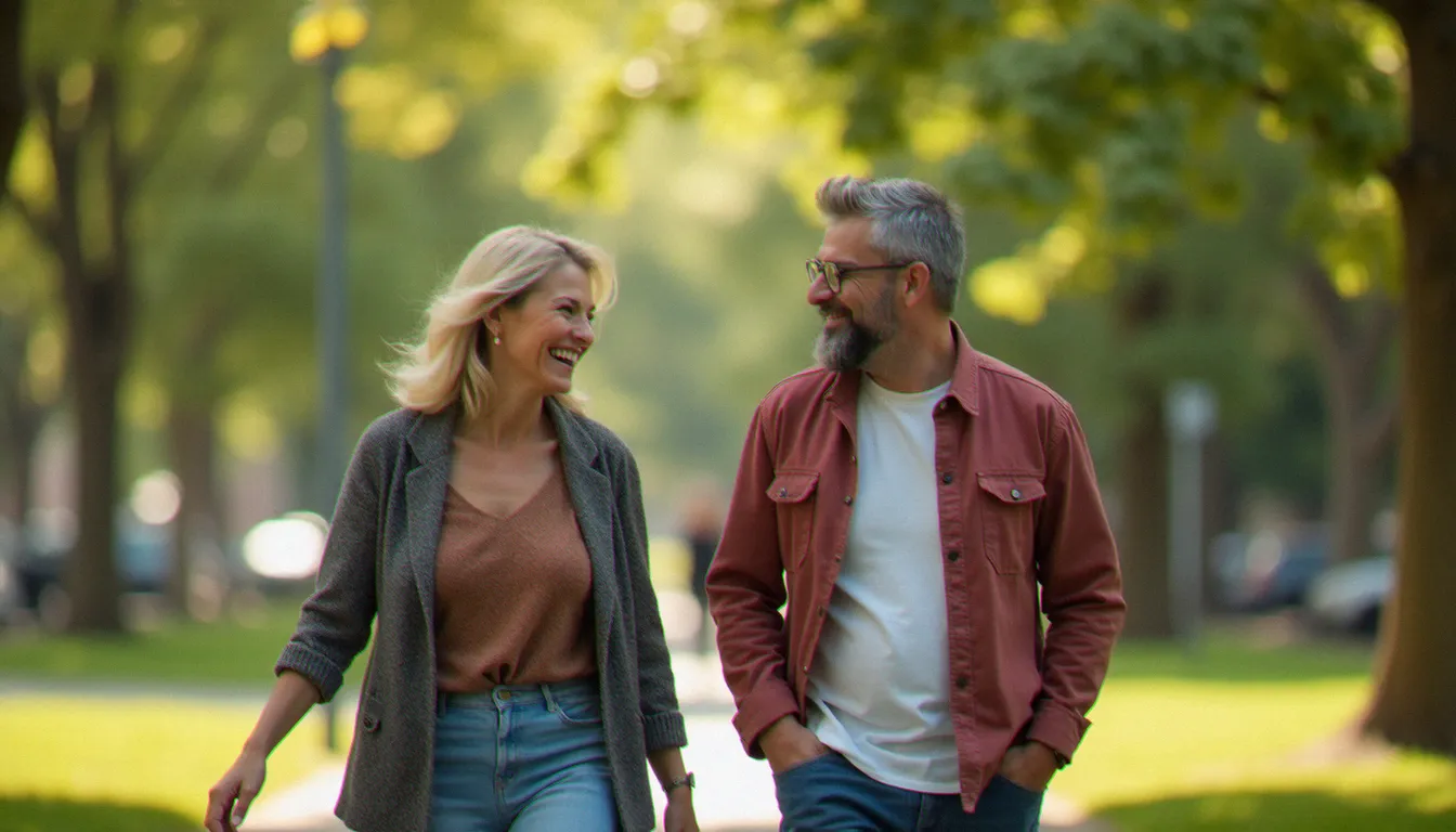 Couple avec écart d'âge se promenant dans un parc urbain ensoleillé, illustrant la complicité quotidienne dans une relation cougar homme épanouie