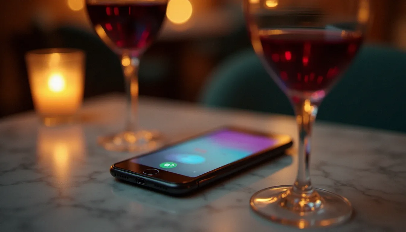 Smartphone affichant une application de rencontre floue posé sur une table de restaurant, symbolisant les signaux discrets d'une cougar infidèle