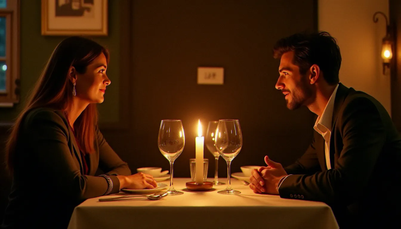 Dîner en tête-à-tête entre une femme mature et un homme plus jeune dans un restaurant parisien à la lumière tamisée, représentant la dynamique des rencontres cougar