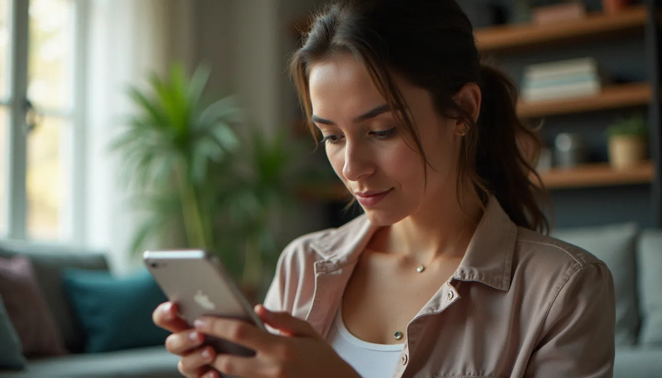Femme mature utilisant une application de rencontres sur son téléphone dans un salon élégant, symbolisant les nouvelles façons de rencontrer pour les femmes cougar