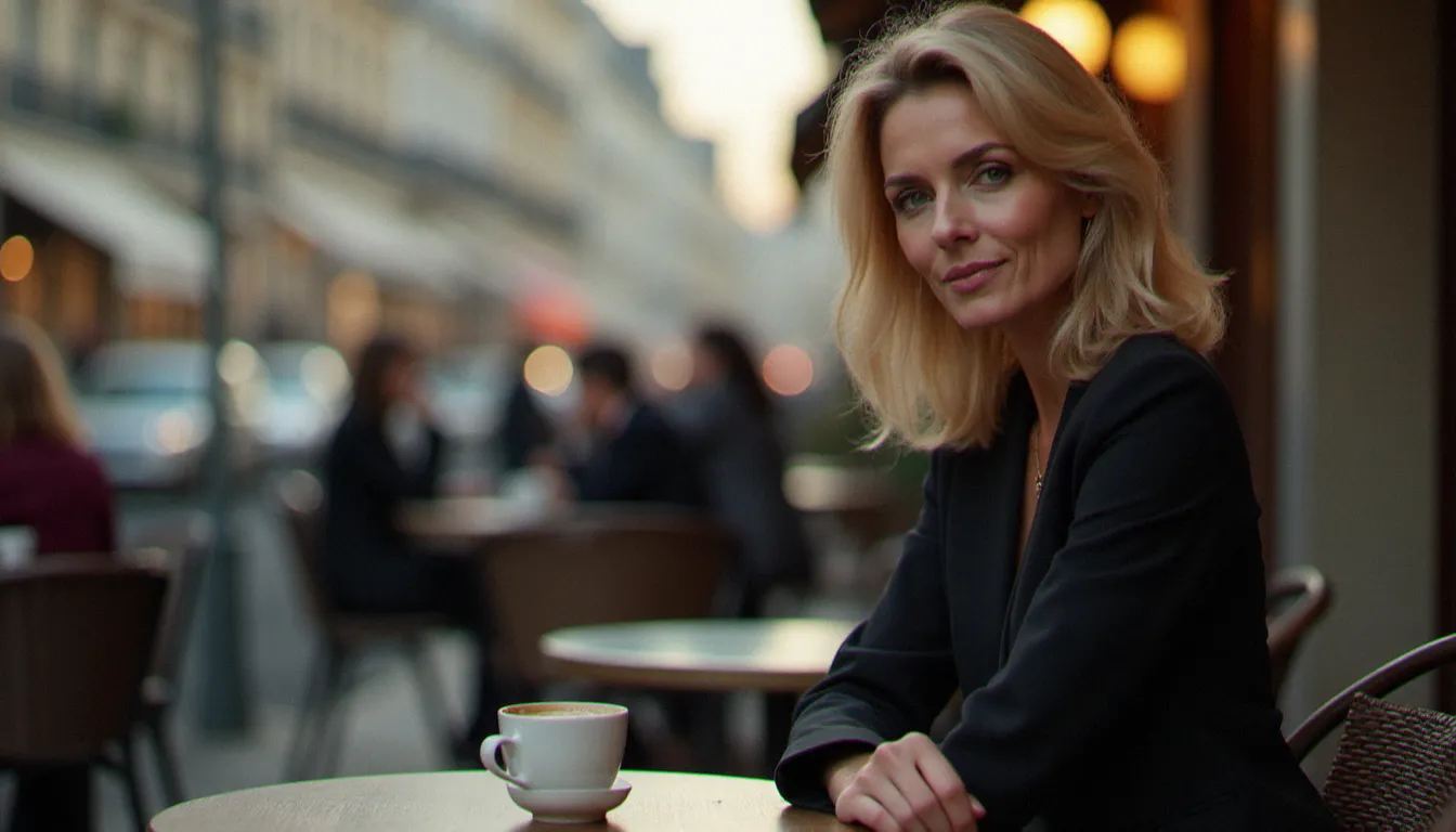 Femme cougar mature élégante assise en terrasse de café parisien, regard assuré et posture confiante, illustrant la séduction des femmes mûres