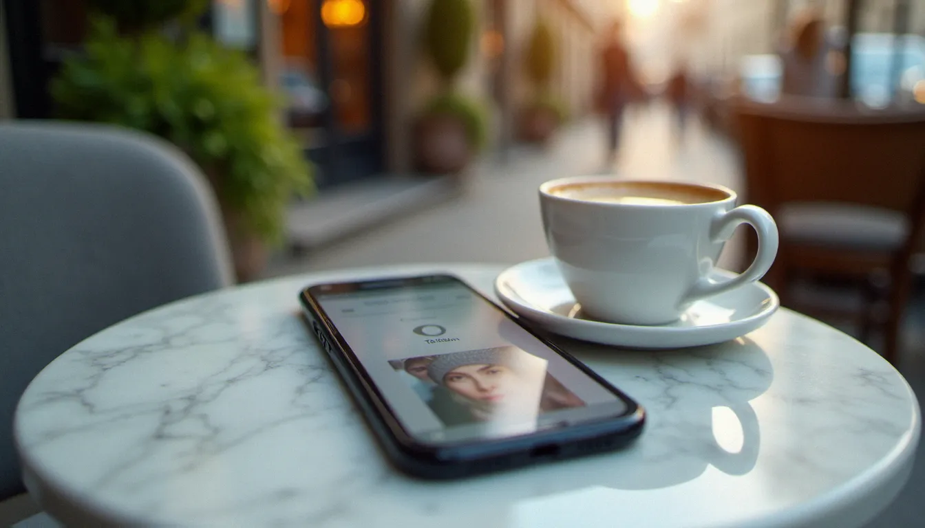 Application de rencontre sur smartphone posée sur une table de café parisien, illustrant les rencontres cougar paris en ligne