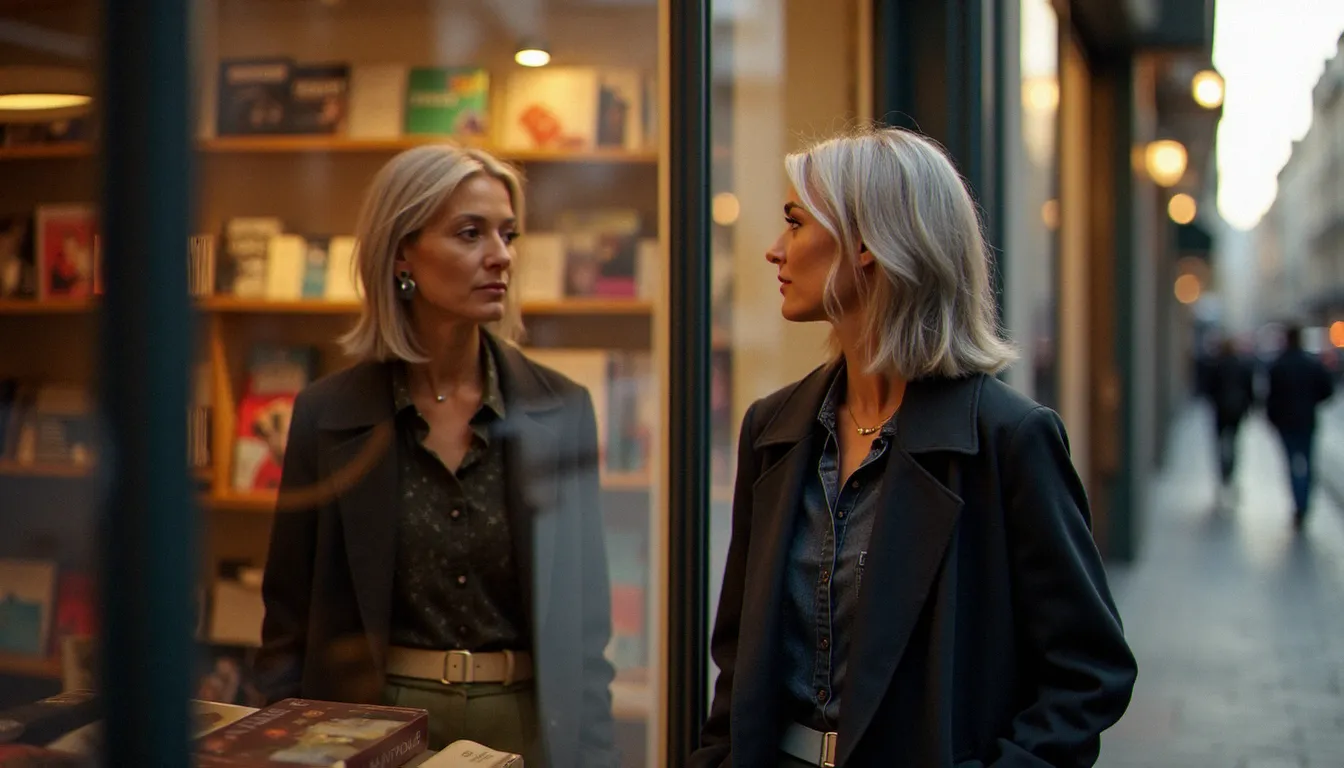 Femme de quarante ans confiante devant une librairie parisienne, illustrant la séduction et l'assurance des femmes mûres à Paris